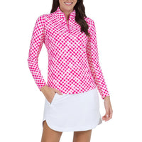 IBKUL Women's Gingham Print Long Sleeve Mock Neck Golf Top - Hot Pink/White