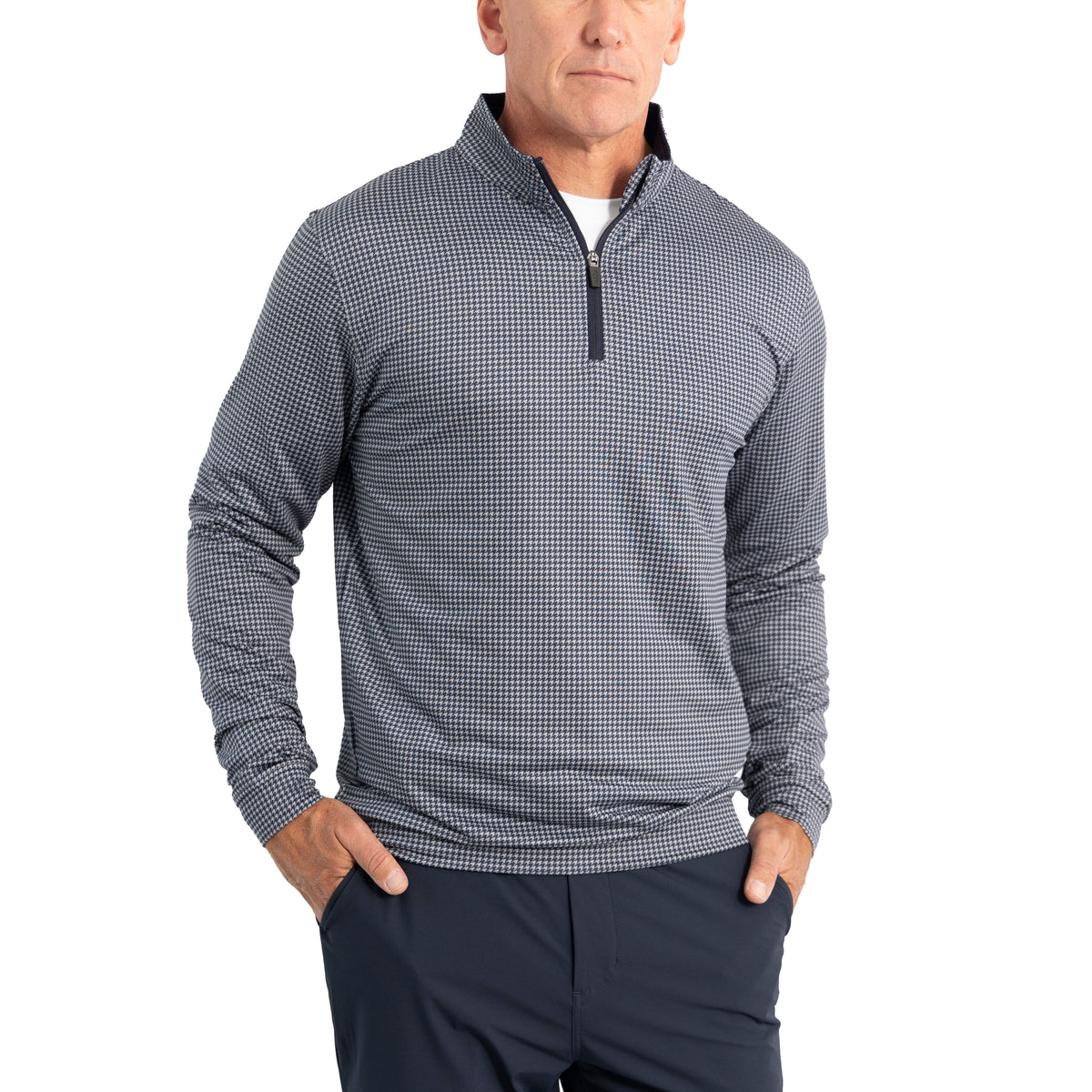 Glenmuir Wick Quarter Zip Lightweight Performance Golf Midlayer - Light Grey/ Navy Houndstooth